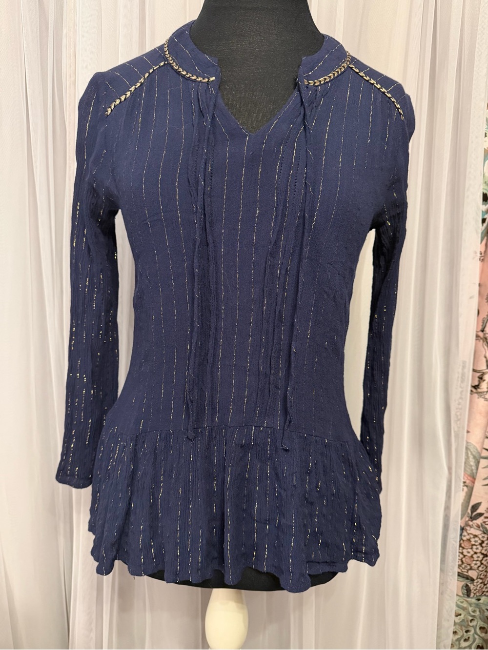 THML Navy Metallic Stripe Boho Peplum Blouse | Size Small | GUC